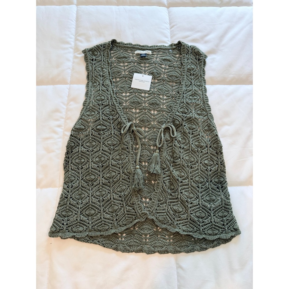 American Eagle Olive Green Crochet Tie Front Tassel Vest Large NWT 1575-342